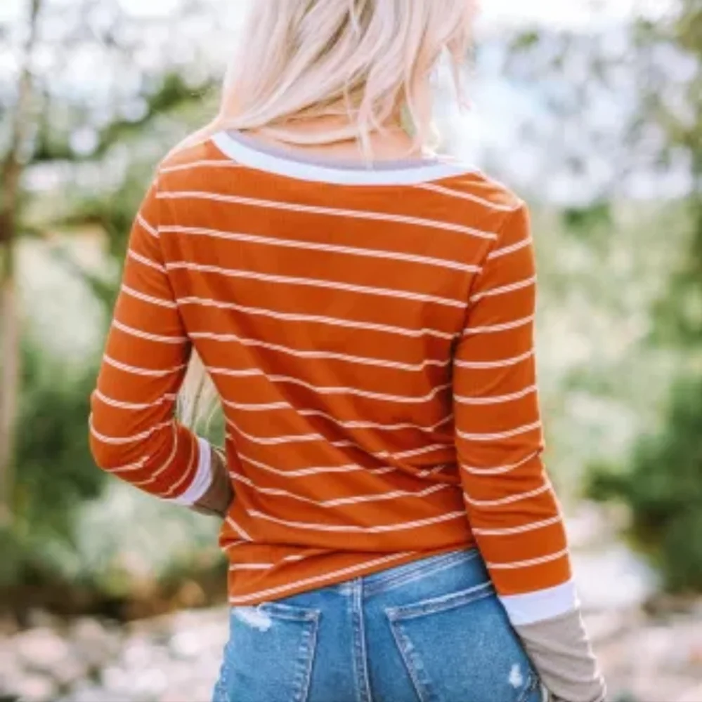 New Brown Extend Color Block Cuffs Rib Knit Striped Pullover - Picture 4 of 16